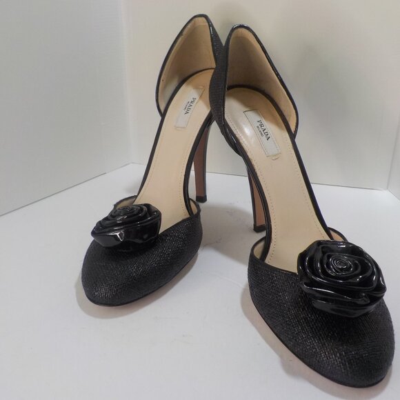 PRADA, Black Patent Leather with Weave Pattern, Rosette detail, Size: 39.5 Ital. - Picture 7 of 8